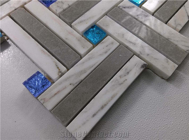 White Marble Mix Shinny Glass Mosaic Tile
