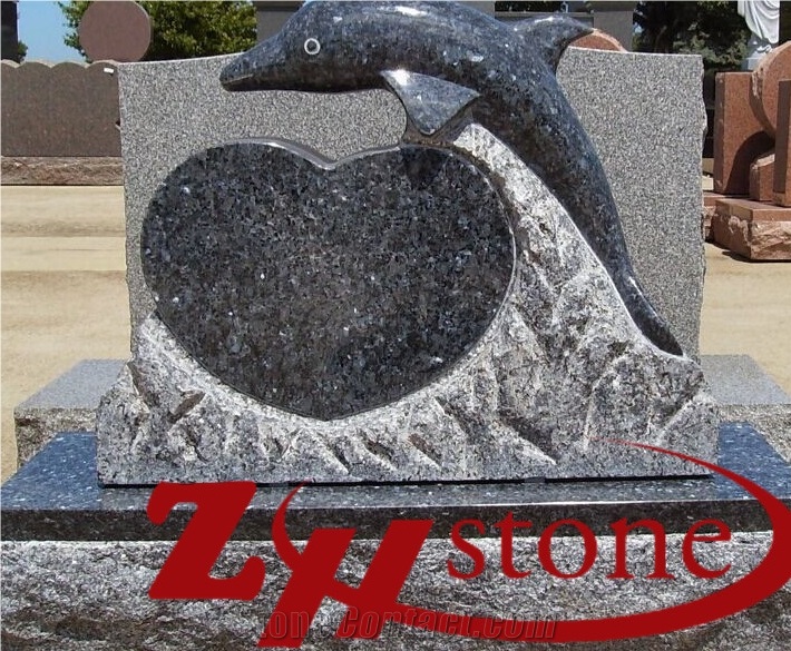 Good Quality Hand Crafting Dolphin with Heart Blue Pearl Db/ Hq/ Lg Granite Tombstone Design/ Western Style Monuments/ Upright Monuments/ Single Monuments/ Heart Tombstones