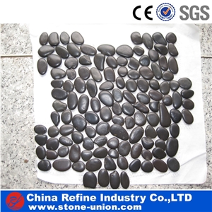 Black Pebble Mesh for Floor Paving,Black Polished River Stone Made in China,River Cobblestone Walkways in Garden,Cheap Pebbles in Bulk