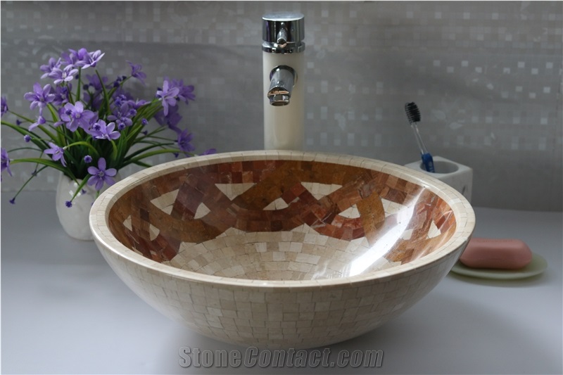 Beige Marble Mosaic Sink Beige Marble Crema Marfil Wash Basin for Bathroom Sink