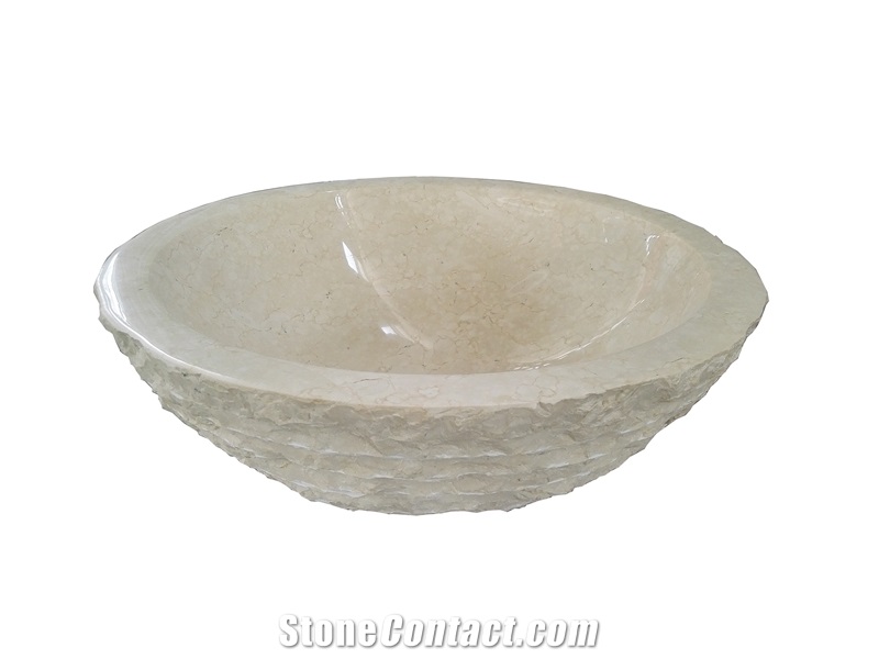 Beige Marble Round Basin Marble Crema Marfil Solid Surface Basin For Wash Bowl