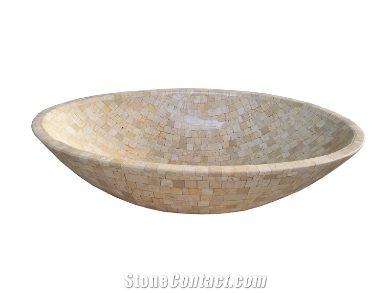 Beige Marble Round Sink Marble Crema Marfil Mosaic Basin for Wash Basin