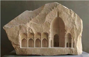 Beige Stone Handcraft Art Works,Small Stone Carving Palace,Indoor Stone Art Design