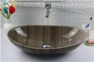 Brown Marble Vessel Sink Marble Athen Wood Oval Sink for Bathroom