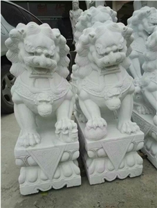 China White Marble Foo Dog Sculptures,Outdoor Animals Statues
