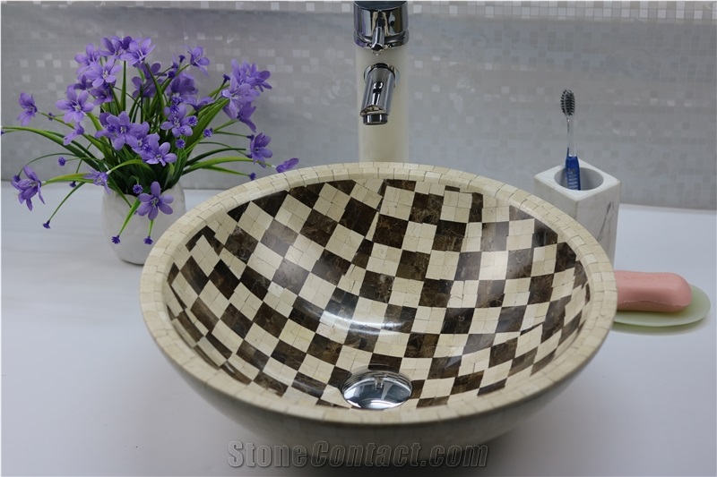 Marble Mosaic Round Sink Marble Crema Marfil Wash Bowl for Mosaic Sink