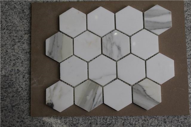 Hexagon Carrara Extra Polished Mosaic, Mugla White Marble Mosaic