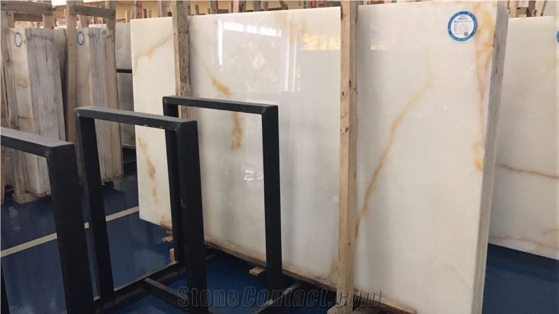 White Onyx with Golden Veins Polished Slab