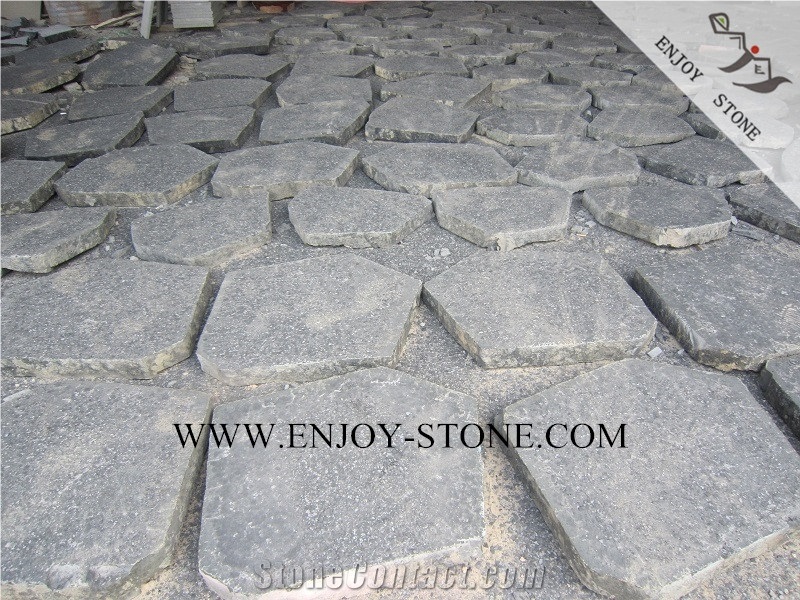 China Black Andesite Stone,Zhangpu Black Flamed Top Sides Natural Split Finish,Irregular Flagstone,Random Shape Flagstone Driveway,Courtyard,Walkway Paving Sets