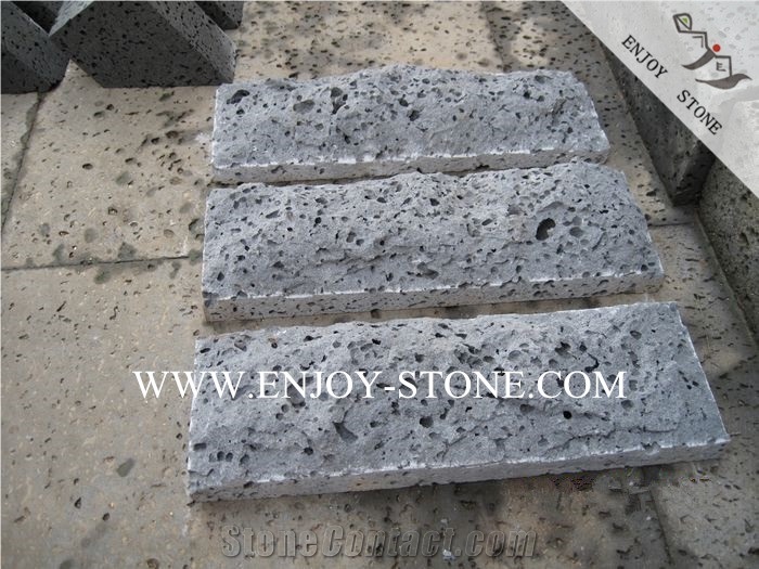 China Black Basalt,Hainan Black Lava Stone,Lava Stone with Big Holes Mushroomed Cladding,Natural Split Face Mushroom Stone