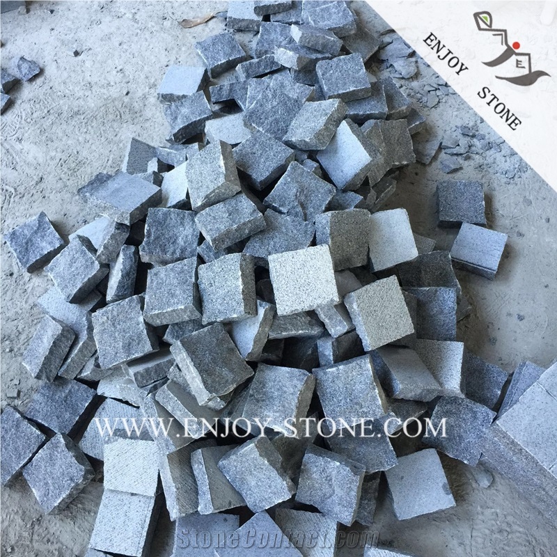 China Grey Granite Walkway Pavers,Sesame Black Granite Cobble Stone,Padang Dark Split Cubestone,Handmade Bricks,All Sides Split Granite Cobblestone