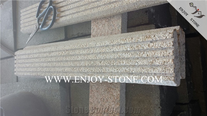 Flamed and Grooved Yellow Rustic Granite G682 Stairs&Risers,Fujian Yellow Granite Stair Treads,Stair Threshold