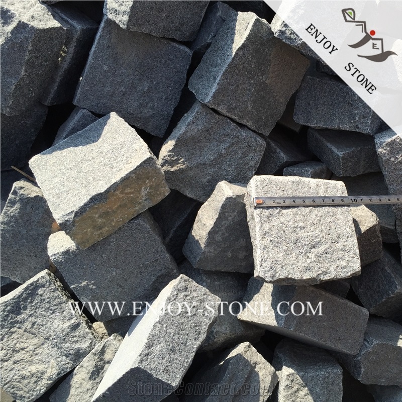 G654 Padang Dark Grey Split Cubestone,Granite Hand Cut Courtyard Road Pavers,Sesame Black Granite Cobble Stone,Sesame Grey Handmade Bricks
