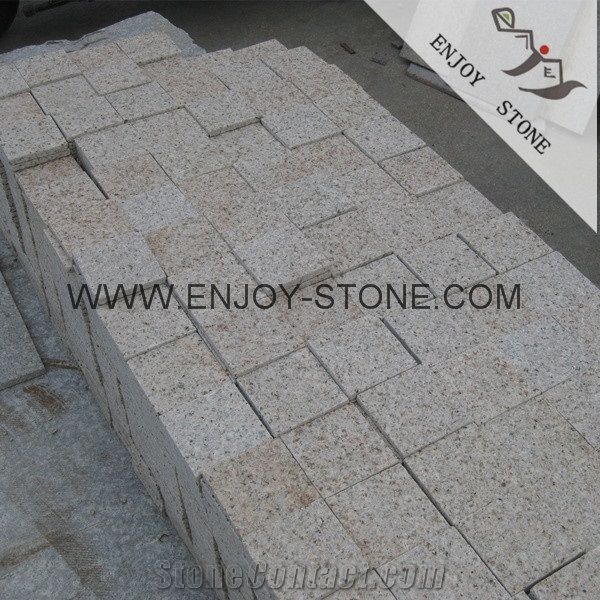 G682 Golden Yellow Rusty Yellow Beige Granite Misty Yellow Granite Cobble Stone Granite Drive Way Patio Paving Stone With Bush Hammer Finish Cube Exterior Building Stone Garden Stepping Pavements From China Stonecontact Com