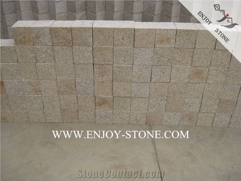 G682 Yellow Rustic Cobble Stone,Bushhammered Surface and Sides Cut Cube Stone for Exterior Courtyard Road Pavers,Terrace Floors