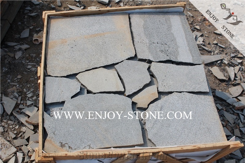 Grey Bluestone Fujian Andesite Crazy Pavers,Sawn Cut Top and Natural Split Sides Cube Stone,Driveway Paving Stone,Walkway Pavers,Patio Pavers