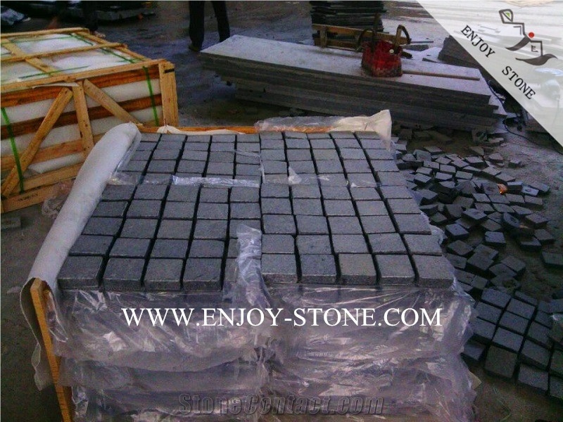Meshed Grey Granite G654 Cobble Stone,Top Flamed Sides Natural Split Driveway Paving Stone,Exterior Floor Covering Pattern with Meshed Back