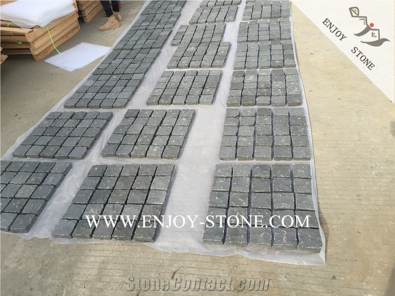 Meshed Zhangpu Black Cobble Stone,Flamed Top and Sides Natural Split Zp Black Cube Stone with Meshed,Driveway Paving Stone,Garden Stepping Pavements