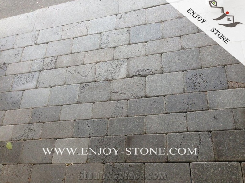 Zhangpu Grey Basalt Driveway Paving Stone,Chinese Basalt Brick,Tumbled Grey Basalt Walking Paver,Basalto Courtyard Paver,Grey Basalt Cobble Stone