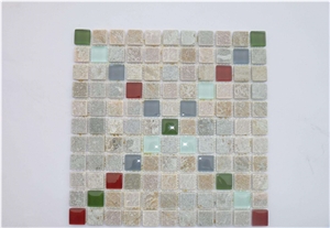 China Nature Yellow Wood Slate and Glass Mosaic Designs