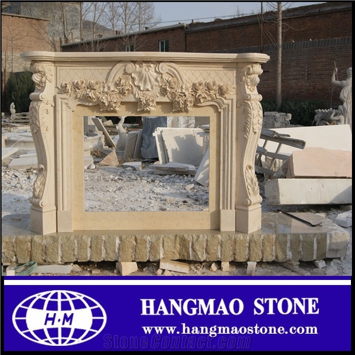 Handcarved Modern Style Beige Granite Stone Fireplace