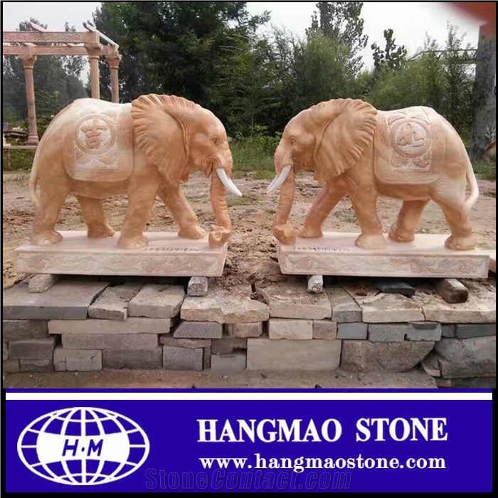 Outdoor Beige Marble Large Garden Elephant Statues
