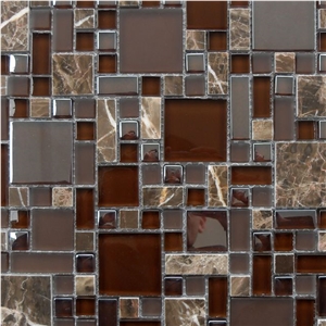 China Natural Polished Marble Dark Emperador Mosaic Tiles and Brown Glass Chips Wall and Floor Mosaic