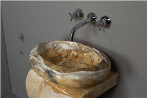 Golden Marble Stone Sink & Basin for Bathroom and Kitchen, Polished Round Shape Bowls on Sales from China