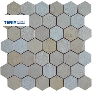Hexagon Marble Honed& Flamed Surface Mosaic Us as Wall Decoration