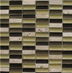 Light Beige Travertine and Dark Green and Brown Glass Chips Mosaic Tiles Pattern for Wall and Floor and High Quality Bathroom Project Wall Decorations