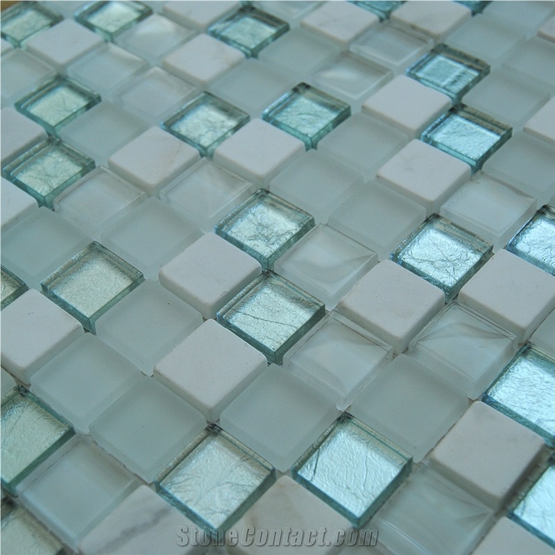 Marble and Glass Mosaic Tile 15*100*7.8, White Marble and Glass Mosaic Tile, Polished Surface, Garden & Balcony Marble and Glass Mosaic Tile, Kitchen Marble and Glass Mosaic Tile, Elevator Mosaic Tile