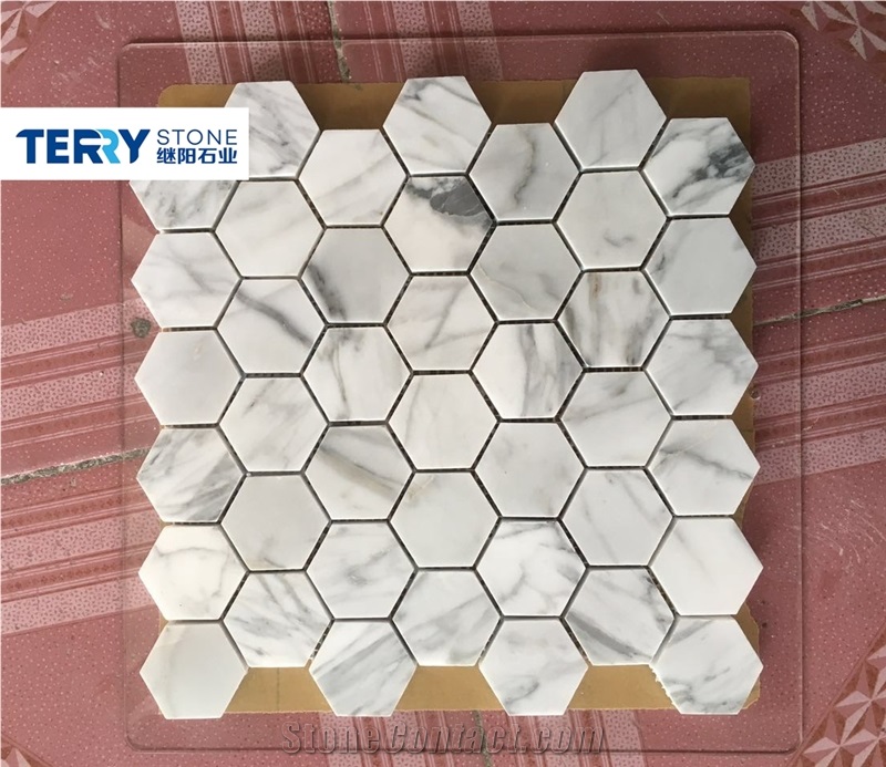 Polished Marble Mosaic Tiles with Pattern,China Interior Stone/Snow White & Grey Hexagon Mosaic Marble