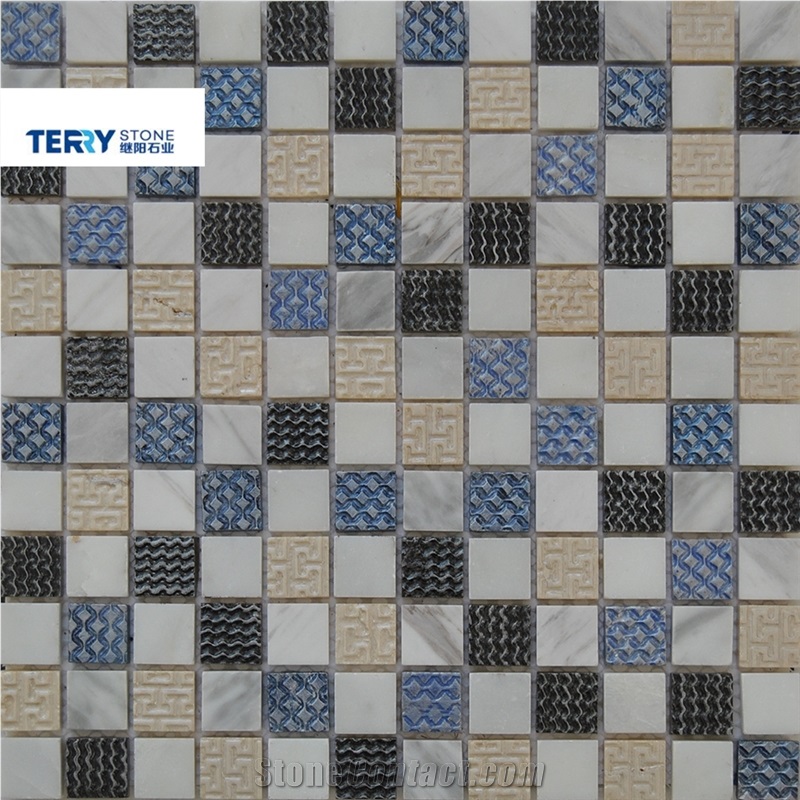 Square Marble Honed& Flamed Blue/Beige/Black/White Surface Mosaic Us as Wall Decoration