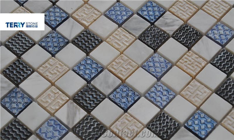 Square Marble Honed& Flamed Blue/Beige/Black/White Surface Mosaic Us as Wall Decoration