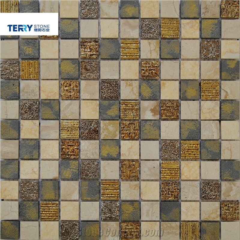 Square Marble Honed& Flamed Gold Surface Mosaic Us as Wall Decoration