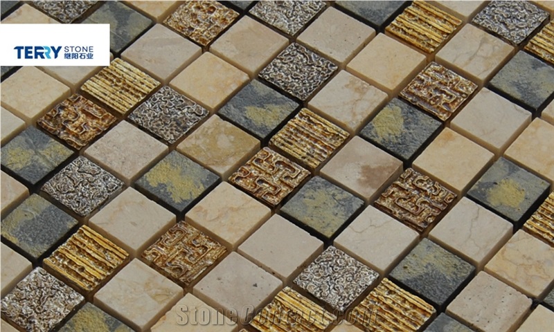 Square Marble Honed& Flamed Gold Surface Mosaic Us as Wall Decoration