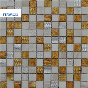 Square Marble Honed& Flamed Gold/White Surface Mosaic Us as Wall Decoration