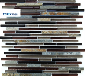 Ts-141001 Black Mix Brown Glass/Slate Stone Linear Strips Mosaic Us as Home/Hotel Decoration