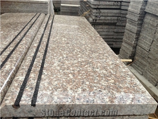 China G664 Pink, Brown Granite, Porrino/Luoyuan Red Cheap Granite in Stair Steps with Anti Slip, Bullnose Round Long Edge, Treads and Risers