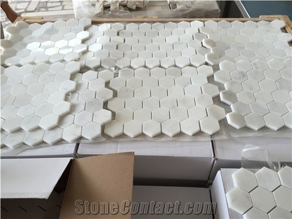 Hexagon Carrara Extra Polished Mosaic, Mugla White Marble Mosaic,White Marble Mosaic/Italian Bianco Carrara Marble Mosaic