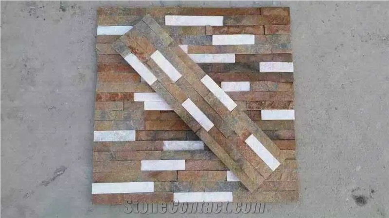 Mixcolor Cultured Stone,Golden White Quartzite Wall Decor,Feature Wall,Wall Cladding,Thin Stone Veneer