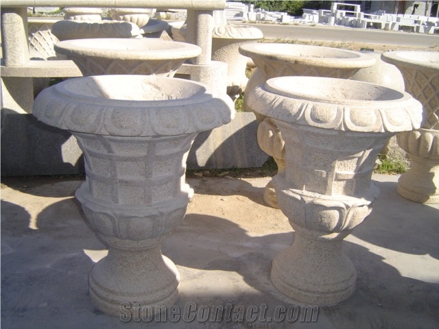 Stone Planter Flower Pots Garden Vases,Flower Carved Granite Stone Planter Pot,Granite Garden Flower Pot, Grey Granite Flower Pot