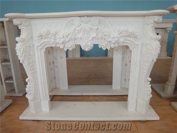 White Marble Fireplace Mantel Handcarved Flower Sculptured