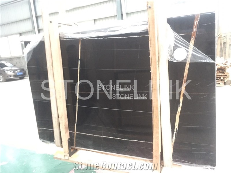 Polished St Laurent Black Marble Slabs & Tiles, Black Marble with Gold and White Veins