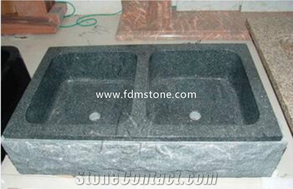 Cheap Dark Grey Granite Double Bowl Farmhouse Sink with Chisel Apron