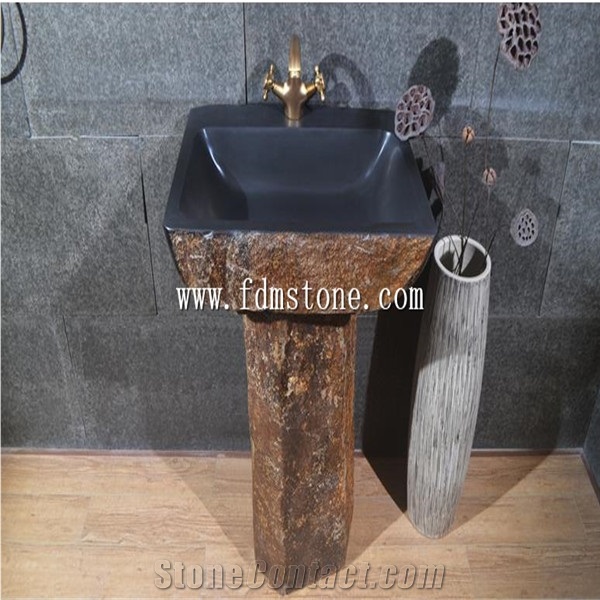 Outdoor Garden Natural Stone Sink,Free Standing Basin Basalt Pedestal Antiqued Sink,Creative Round Washing Basin