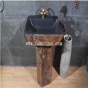 Outdoor Garden Natural Stone Sink,Free Standing Basin Basalt Pedestal Antiqued Sink,Creative Round Washing Basin