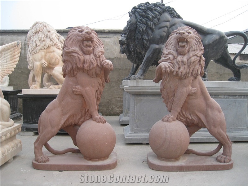 Hand Carved Red Sandstone Lion with Ball Statue Garden Sculpture