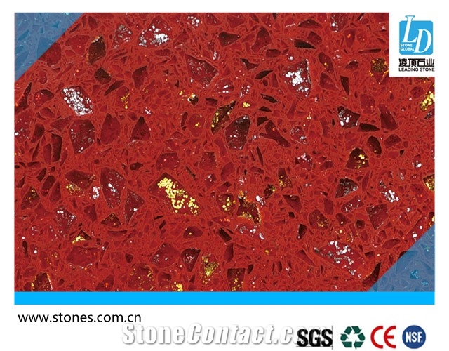 Quartz Slab Crystal Shinning Red, Quartz Surfaces, Cut-To-Size Quartz Tiles for Kitchen Bathroom Decoration