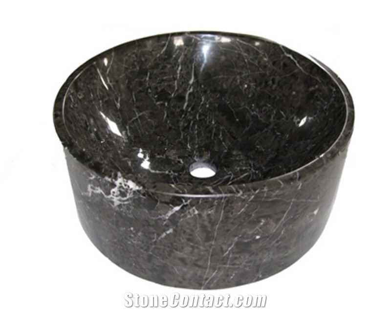 Stone Wash Bowl Black Marquina Polished Column Sinks, Nero Marquina Round Wash Basins